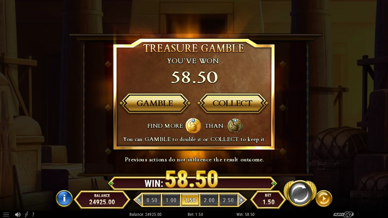 Ekran TREASURE GAMBLE w Book of Dead GO Collect pokazujący wygraną 58.50 oraz opcje GAMBLE i COLLECT